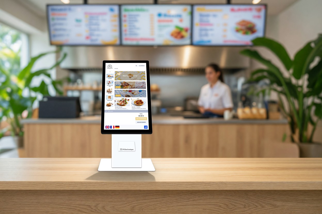 Borne de commande PI Electronique Mini posée sur le comptoir d’un snack à La Réunion
