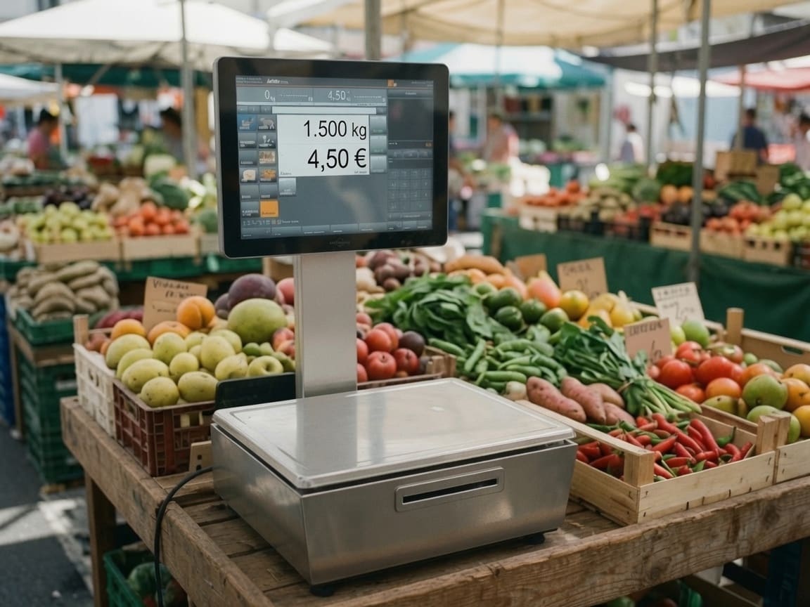 Balance poids-prix sur l'étal d'un primeur à La Réunion