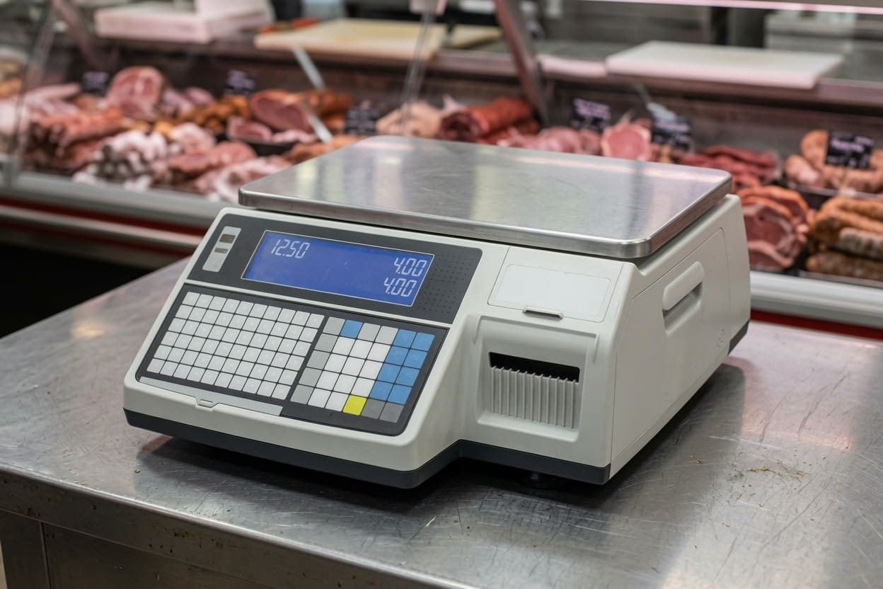 Balance étiqueteuse CAS CL5200 sur un comptoir de boucherie