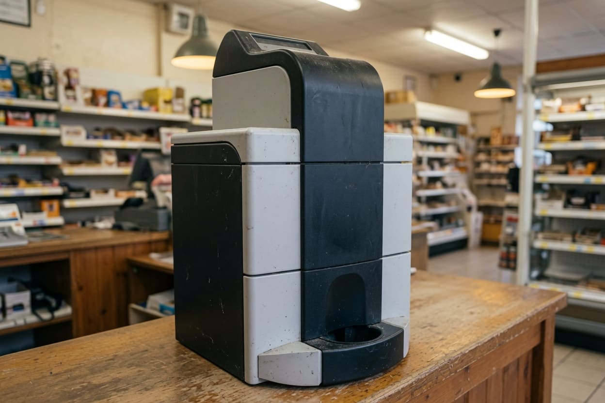 Monnayeur automatique CashGuard Premium sur le comptoir d'un commerce