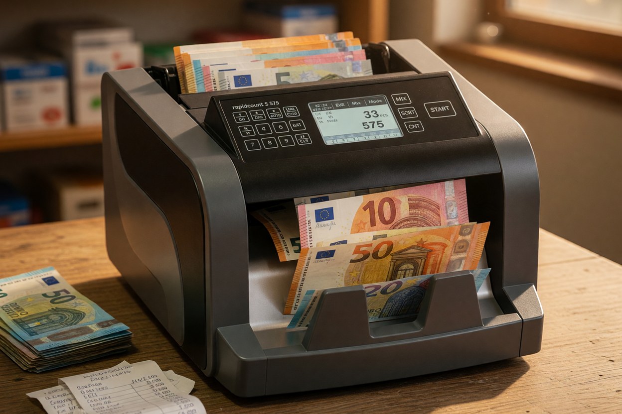 Compteuse de billets ratiotec rapidcount S 575 en fin de journée, billets en euros dans le bac de réception