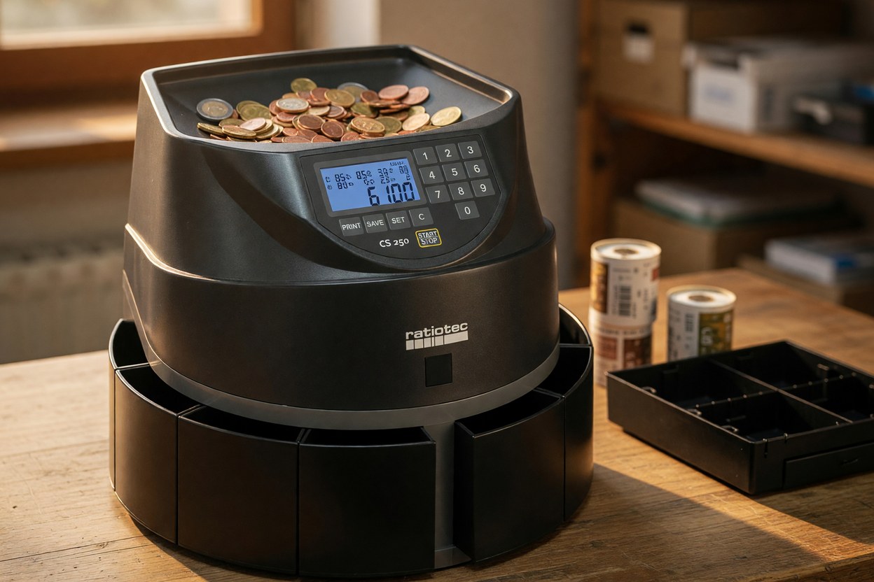 Compteuse et trieuse de pi&egrave;ces ratiotec CS 250 sur le bureau d&rsquo;une arri&egrave;re-boutique, pi&egrave;ces en euros et gobelets de tri