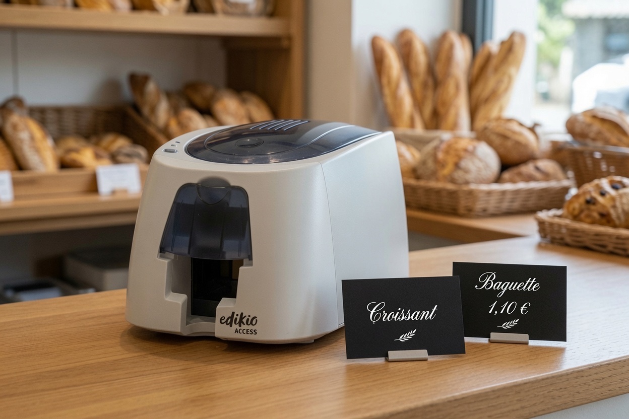Imprimante de cartes de prix Evolis Edikio en vitrine de boulangerie